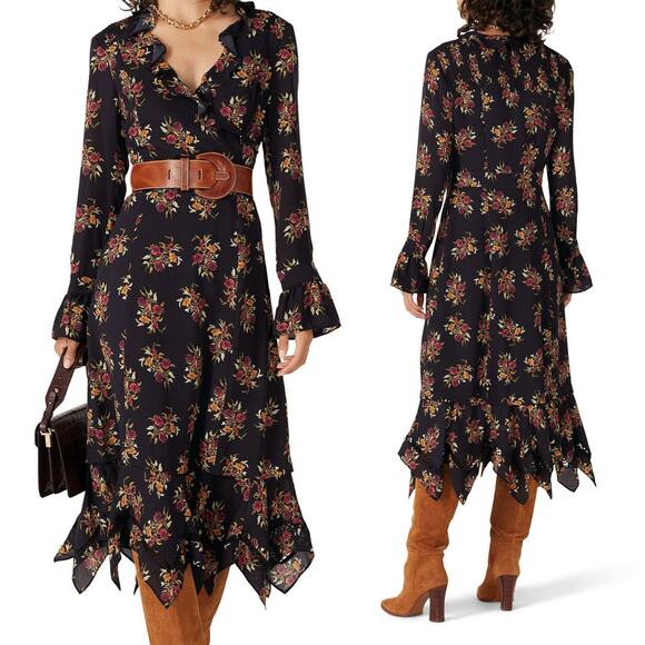 THAKOON COLLECTIVE Black Floral Ruffle Dress Midi US 0 - Picture 1 of 15
